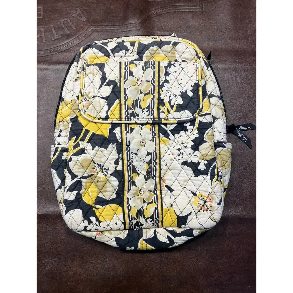 Vera Bradley Quilted Backpack Yellow Gray Floral Print Laptop School‎ Bag 15x11